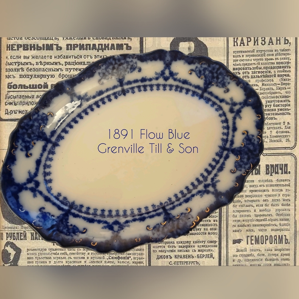 1891 Flow Blue Greville Till & Son serving platter